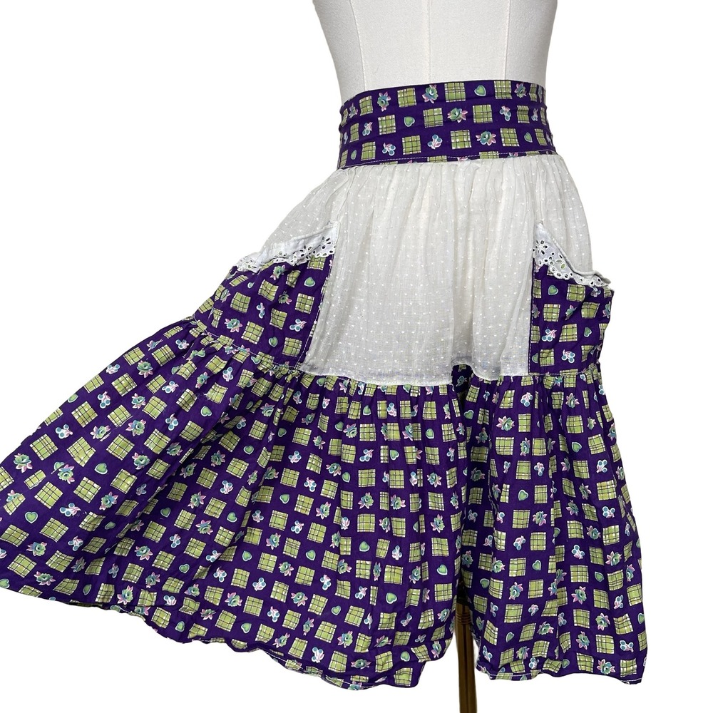 Vintage Hostess Half Apron Purple Green Floral Gingham Lace Trim Cottagecore